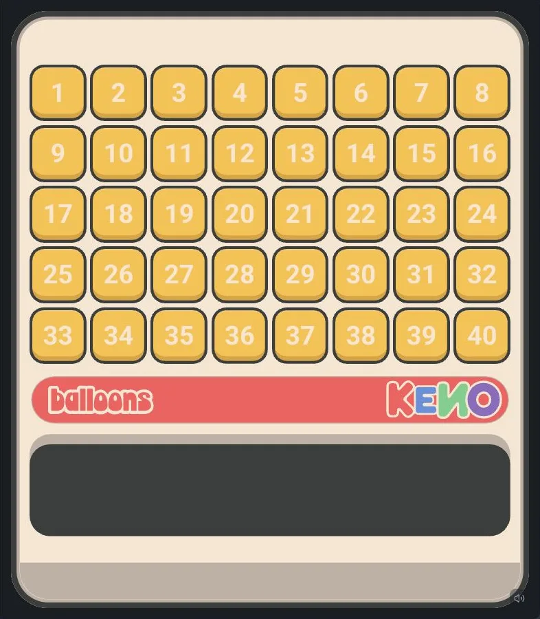 Keno: game interface captured from the supplied game page without playing.