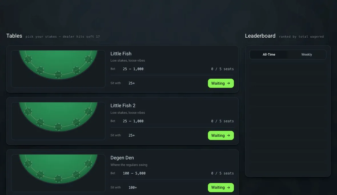 Social Blackjack: lobby screen captured from the supplied game page without playing.