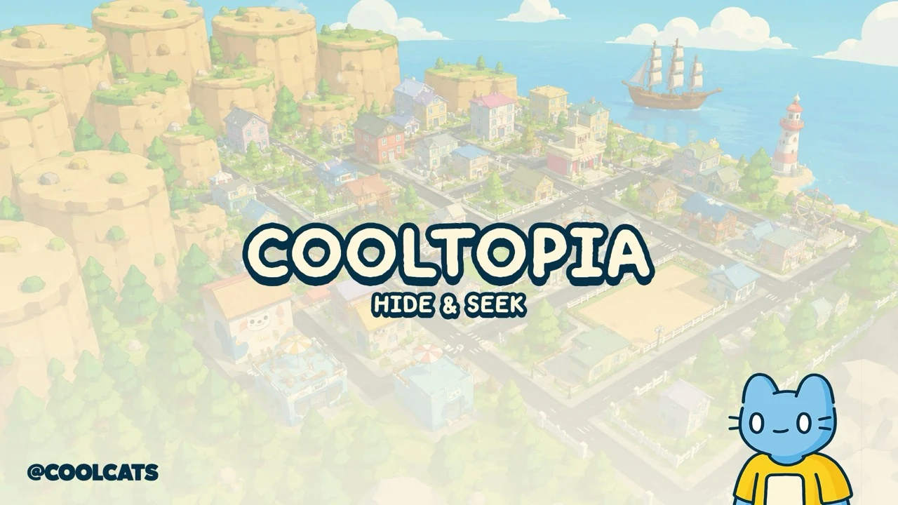 Creator-supplied Cooltopia Hide & Seek title artwork showing a seaside town and a blue Cool Cat