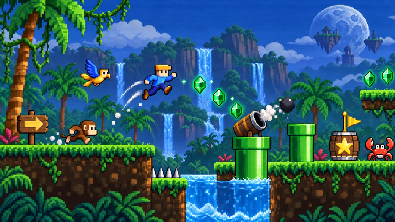 A customizable pixel avatar leaping through a jungle platformer stage with pipes, emeralds, and arcade obstacles