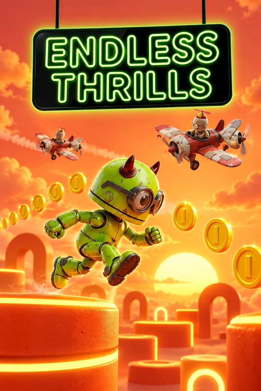 A green toy robot jumping between orange platforms beneath a propeller plane and the Endless Thrills title