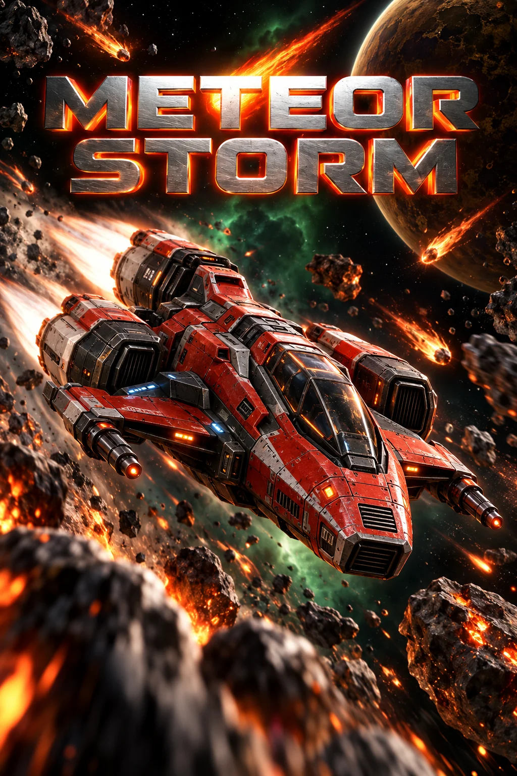 A red interceptor spaceship racing through fiery meteors and a green nebula beneath the metallic Meteor Storm title