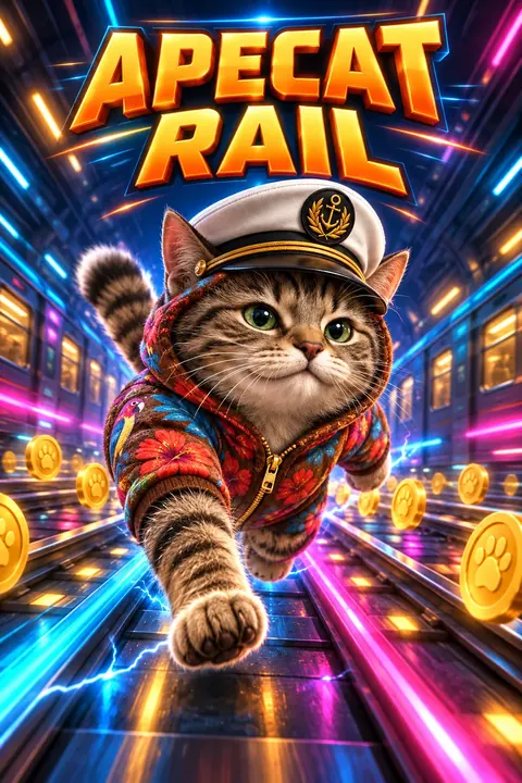 A captain-hat tabby cat in a colorful floral hoodie racing along neon subway tracks beneath the APECAT RAIL title