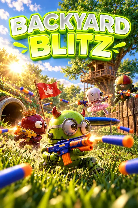 A green toy robot carrying a foam blaster in a sunny backyard flag battle beneath the Backyard Blitz title