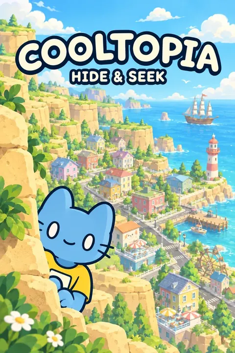 Illustrated Cooltopia cover with a blue Cool Cat in a yellow shirt and a colorful seaside town