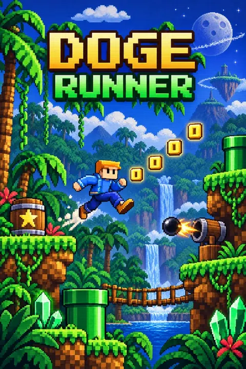 A custom pixel-art avatar running through a tropical platformer world beneath the Doge Runner title