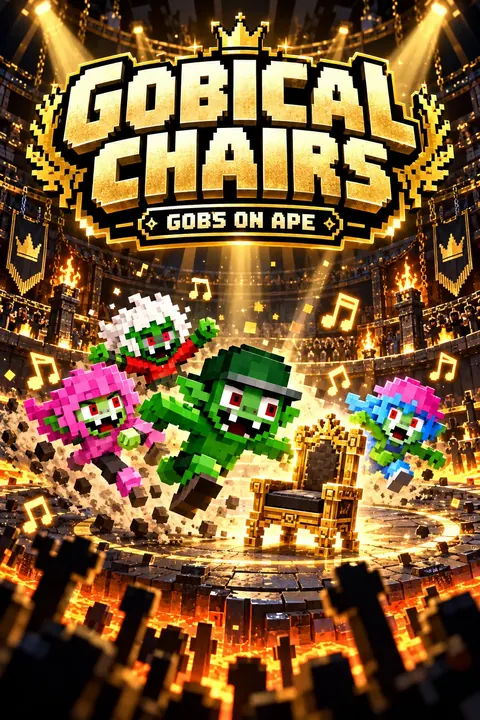Colorful pixel goblins racing toward a golden chair in a glowing arena beneath the Gobical Chairs title