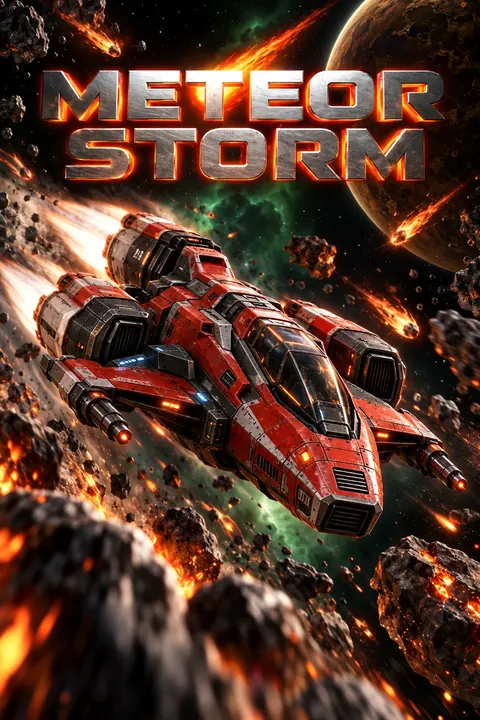 A red interceptor spaceship racing through fiery meteors and a green nebula beneath the metallic Meteor Storm title