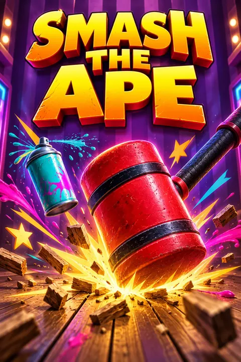 Smash the Ape title above a red mallet, spray-paint can and colorful impact bursts in a purple arcade room; no characters