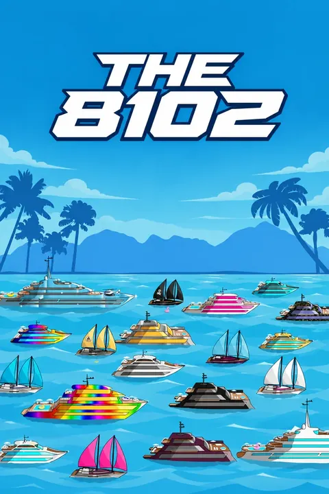 An illustrated fleet of colorful yachts crossing tropical waters beneath island palms