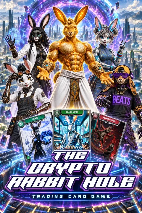 The Crypto Rabbit Hole trading-card artwork featuring futuristic rabbit Oracles and a glowing digital portal