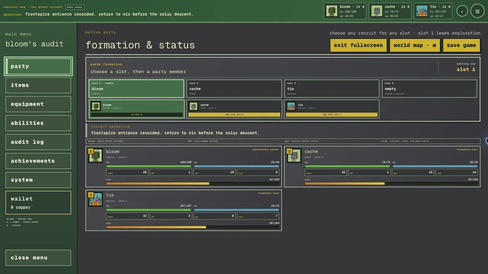Bloom, Cache and Tio in the party formation menu, with their classes, HP, SP and character stats visible.