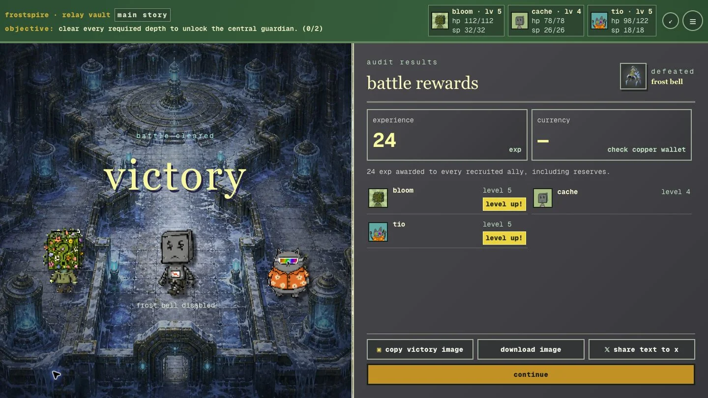 Bloom, Cache and Tio celebrate victory over Frost Bell in the Frostspire Relay Vault, with experience and level-up rewards.