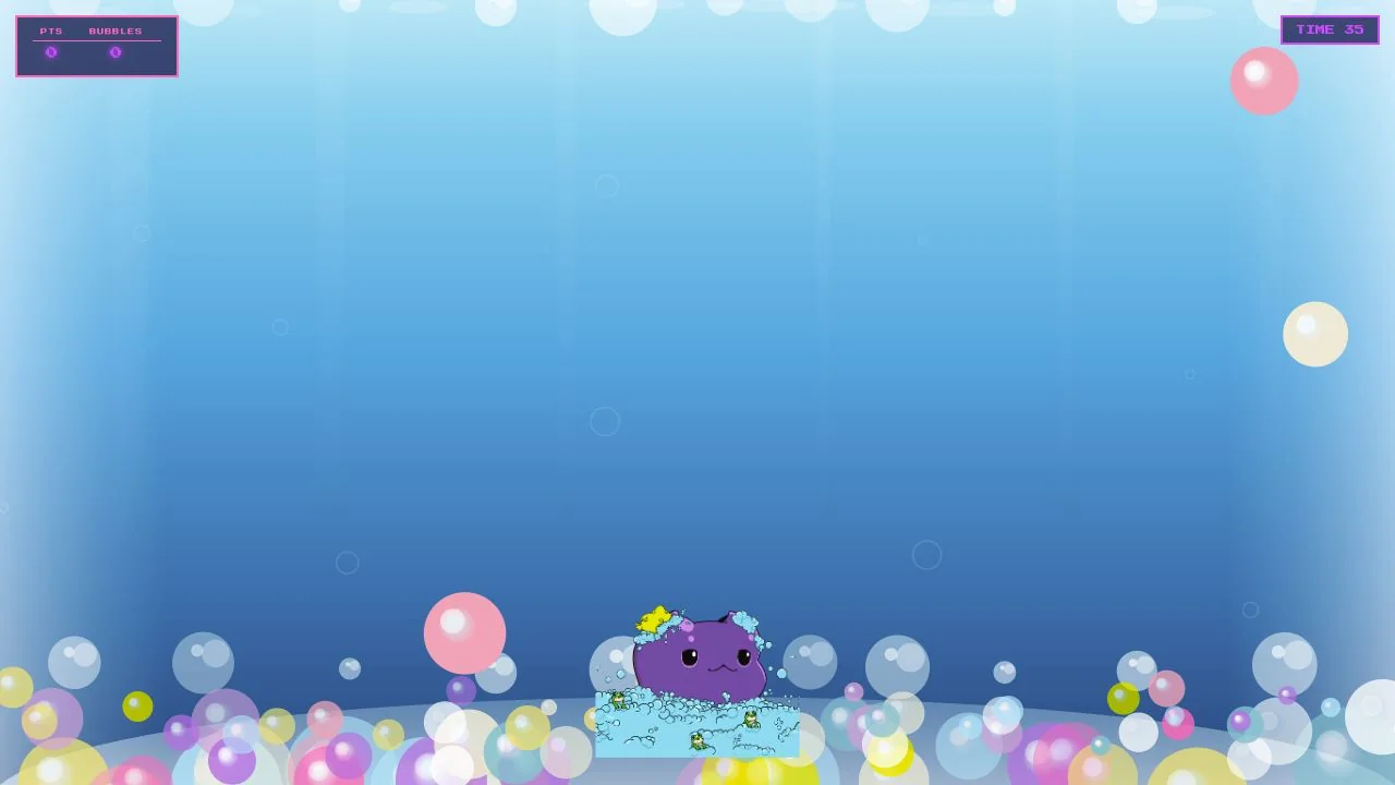 Colorful bubbles rise over Derrick in Bubble Pop Bliss, with score and time remaining.