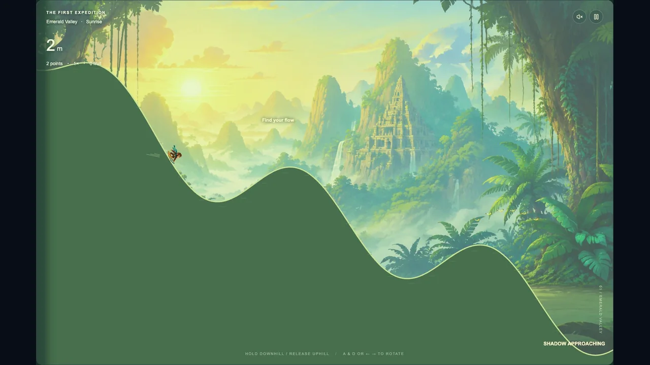 A board rider descends rolling green terrain in a sunlit jungle valley with a stone temple in the distance.