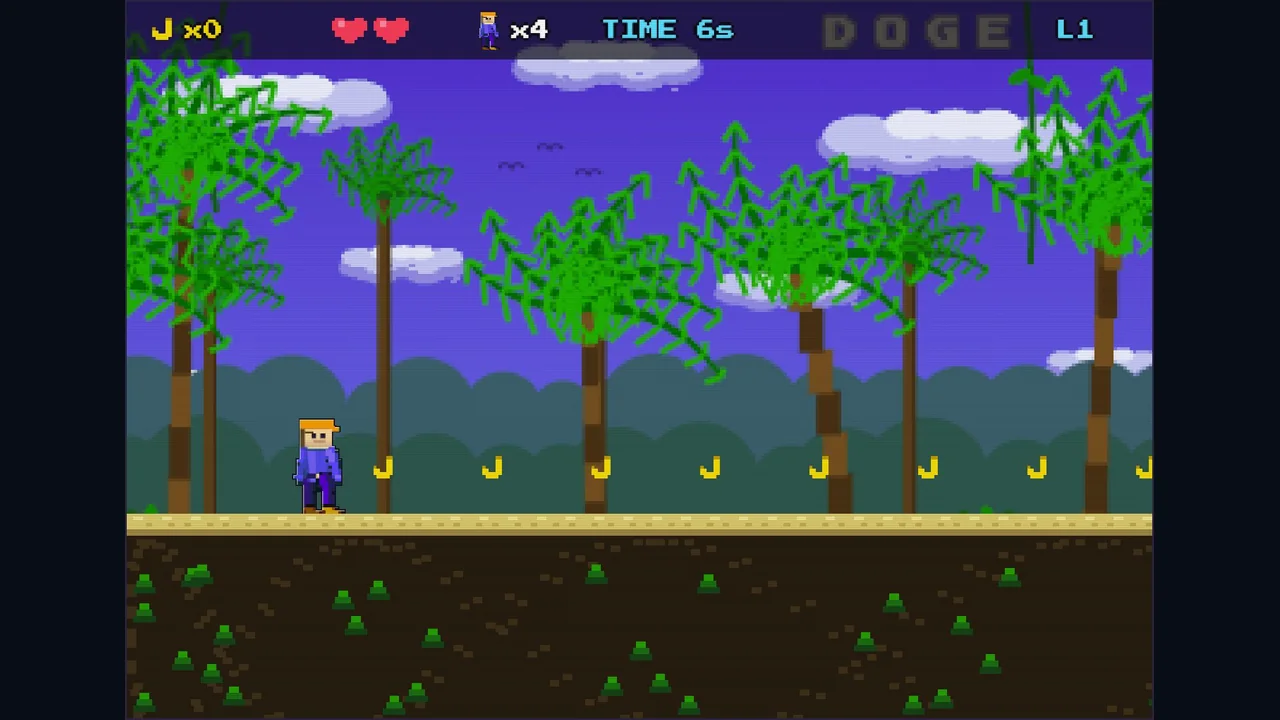 A pixel character stands beside a row of yellow collectibles in Doge Runner’s Jungle Jaunt level, with hearts and a timer overhead.