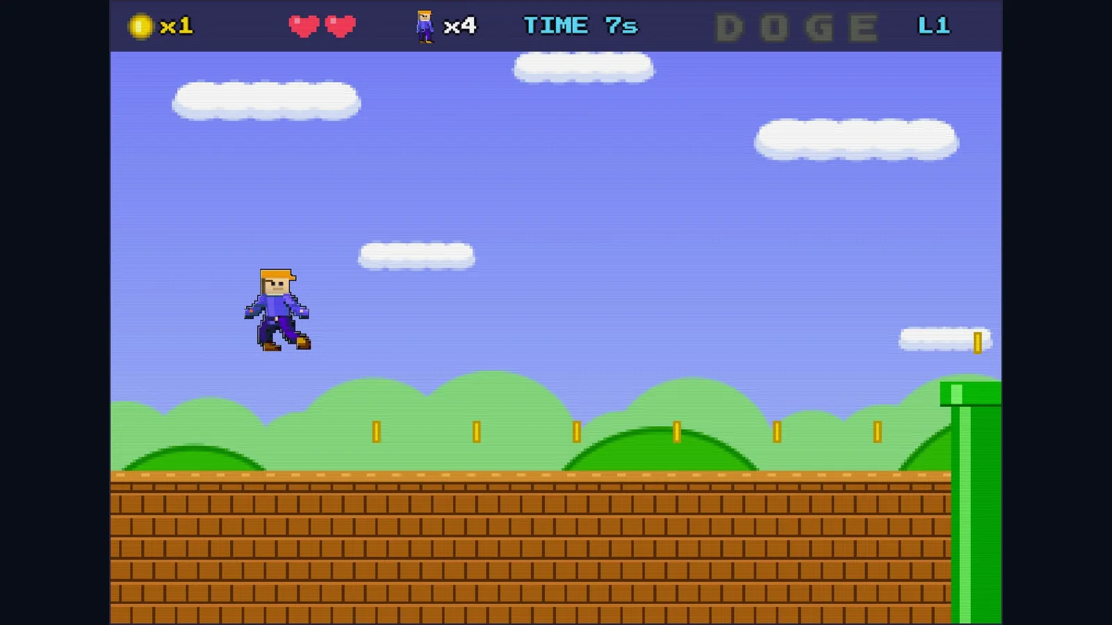 A pixel character leaps above coins and brick platforms beside a green pipe in Doge Runner's Pipe Panic level.