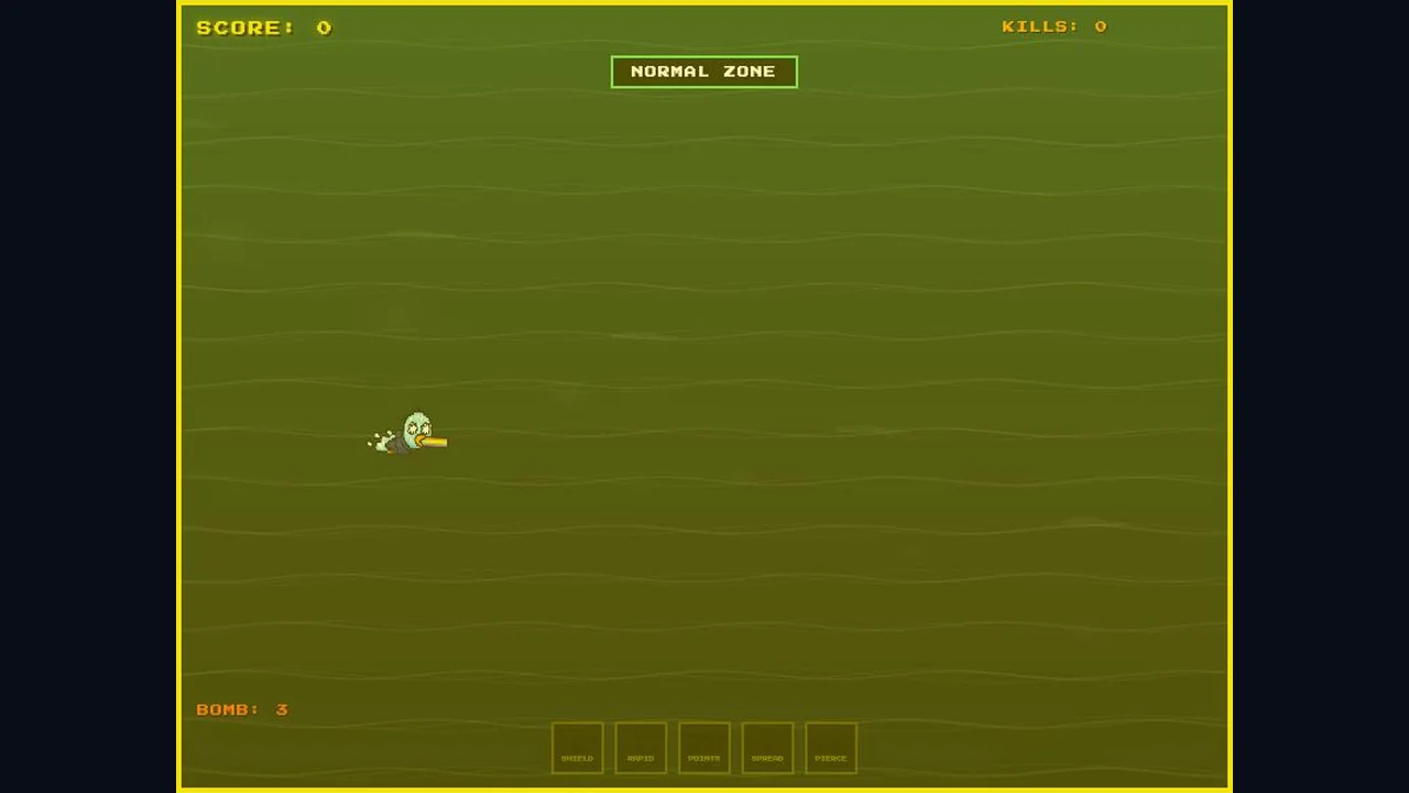Duck U pilot flies above dark green terrain with score, bombs and power-up slots visible.