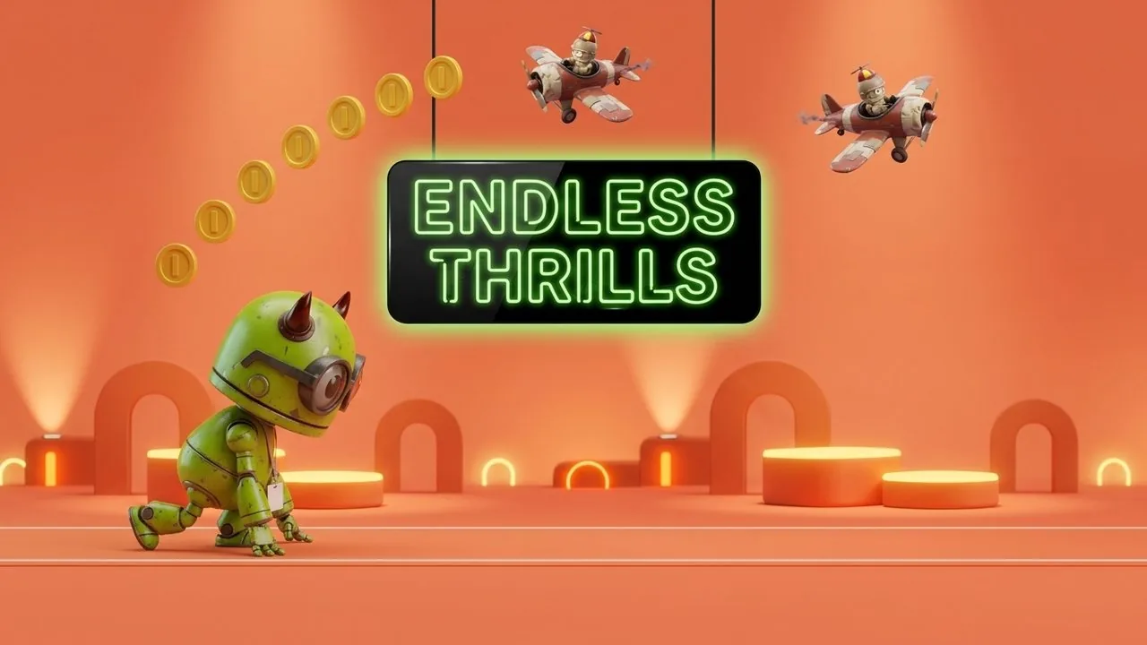 Official Endless Thrills arcade menu artwork featuring the Thrills toy robot characters.