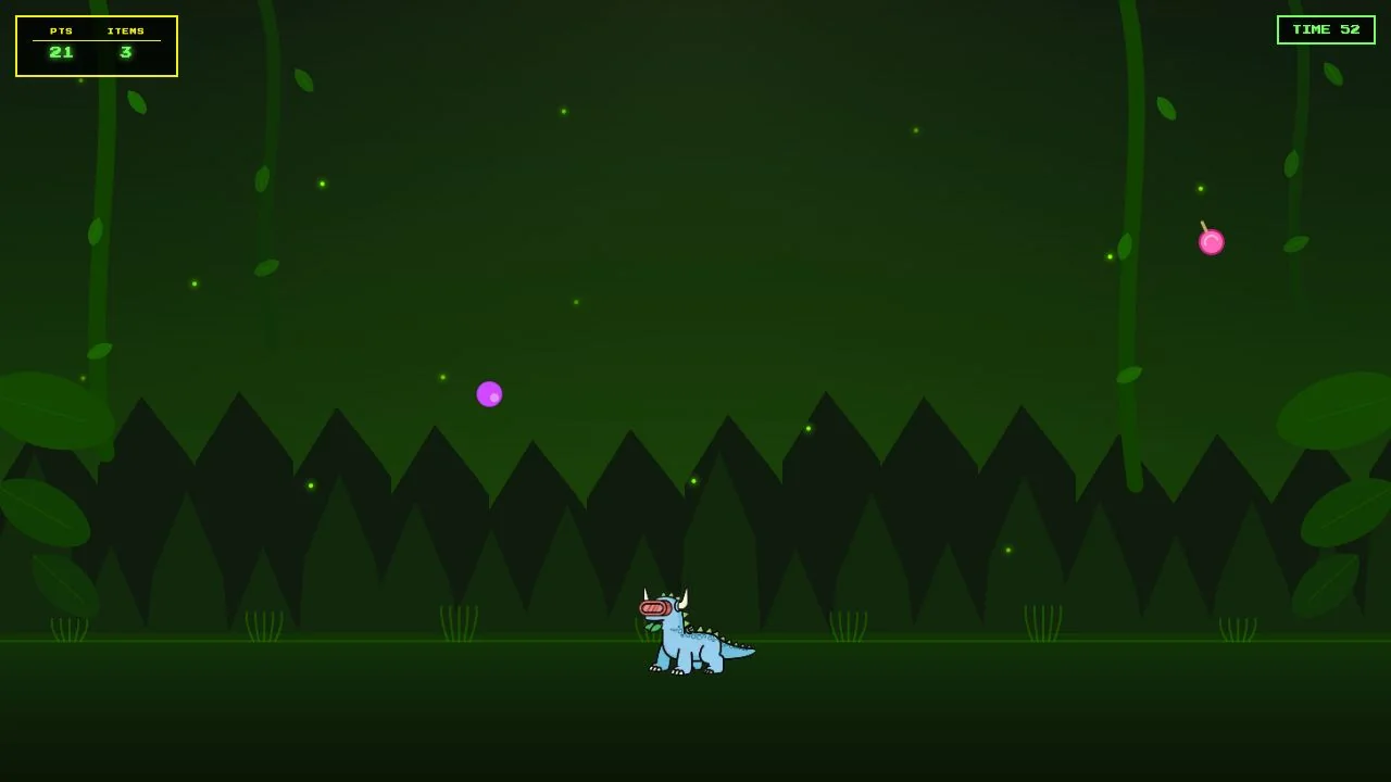 Eugo catches colorful falling candy against a green jungle background.
