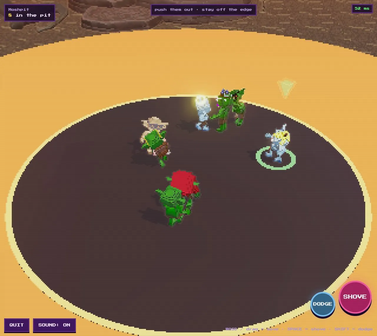 Eight pixel Gobs jostle on a circular Moshpit platform surrounded by glowing lava, with Shove and Dodge controls visible.