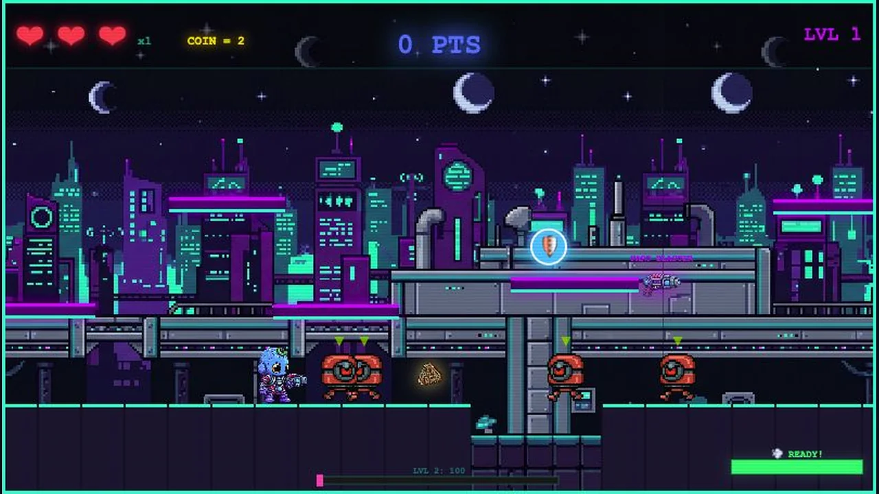 Koda faces red robot enemies among glowing platforms in the neon city level of Fart Blaster.