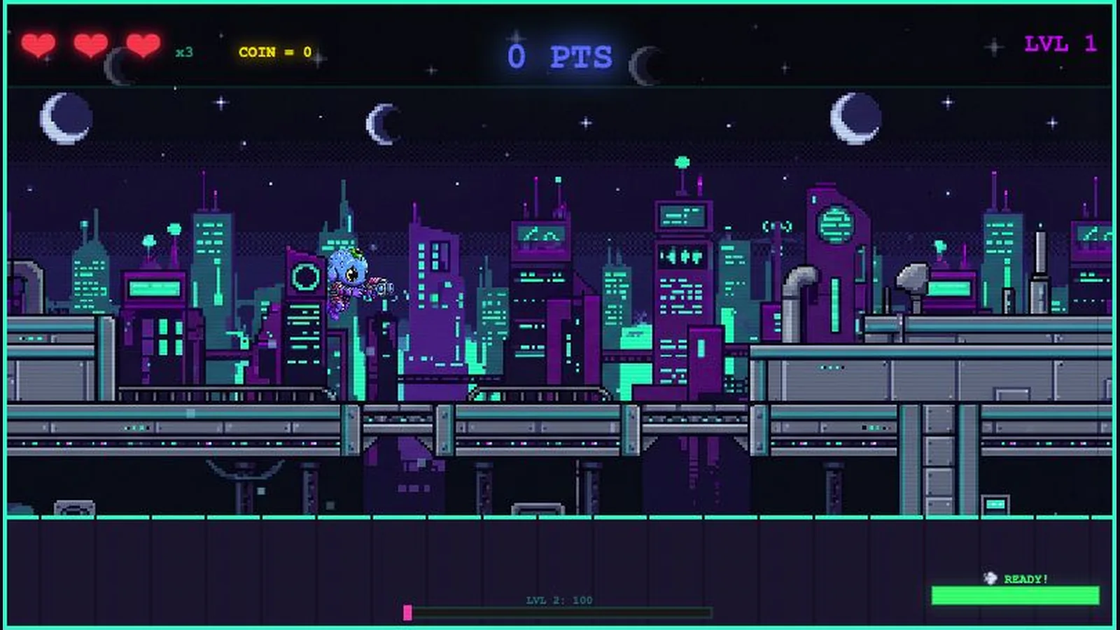 Koda jumps above the neon city rooftops in Fart Blaster.