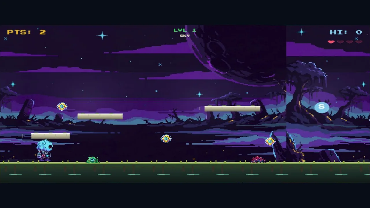 A blue Koda runs past alien enemies and collectibles beneath floating platforms in Space Runner’s purple sky level.