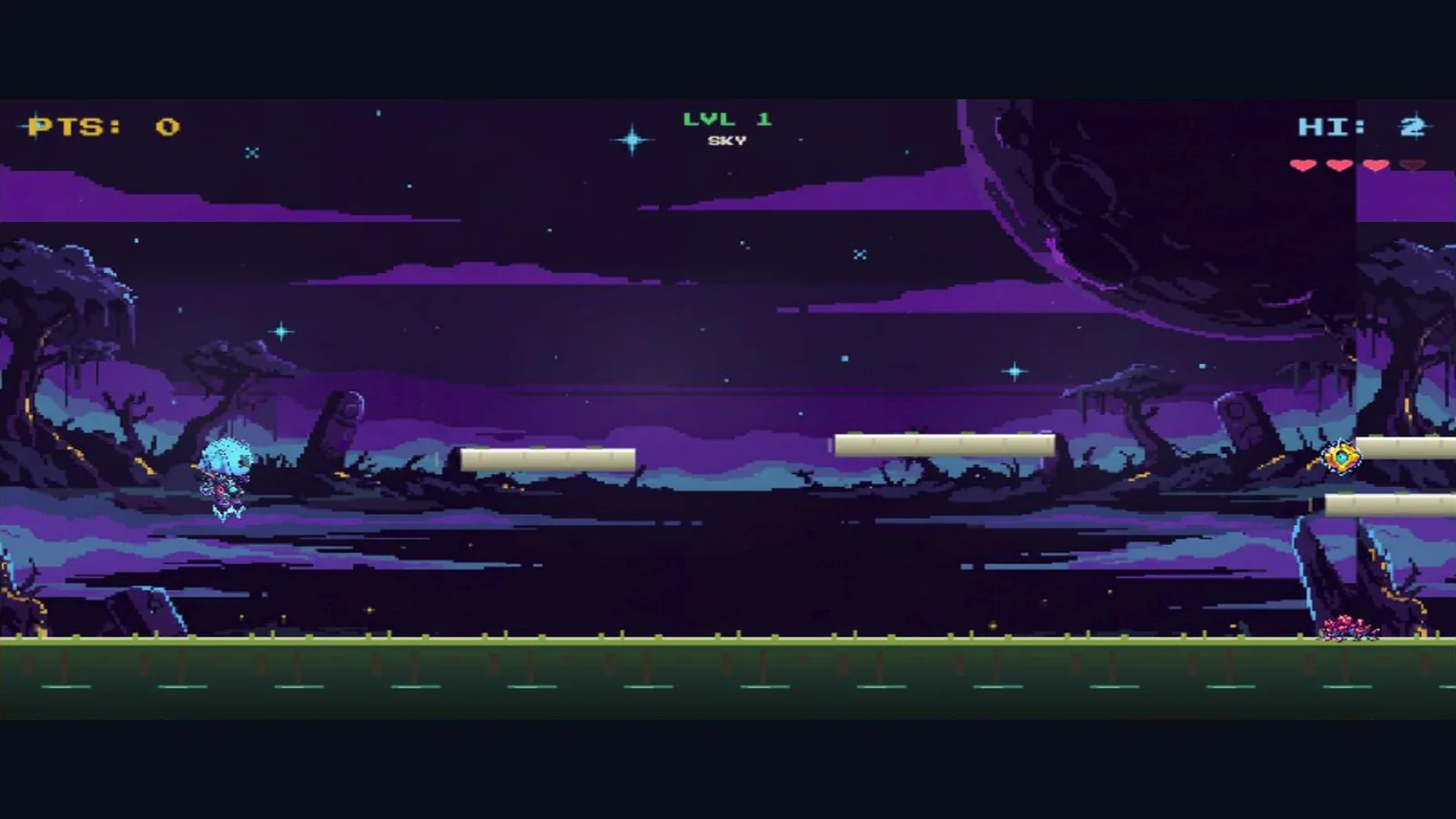 Koda jumps toward floating platforms beneath the purple sky while an alien enemy approaches in Space Runner.
