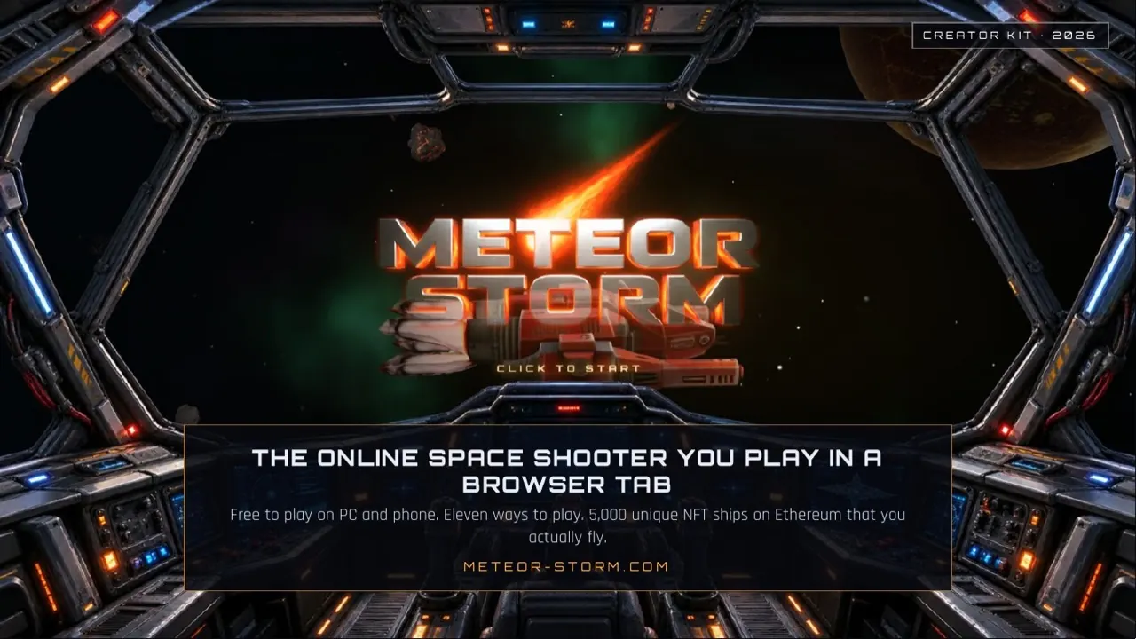 Meteor Storm creator-kit artwork showing a red ship, the cockpit frame, and the game's free browser-play introduction.