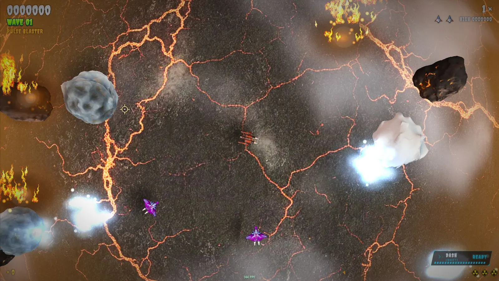 The stock red interceptor dodges meteors and enemy ships over the lava-cracked Ember world in Meteor Storm solo play.