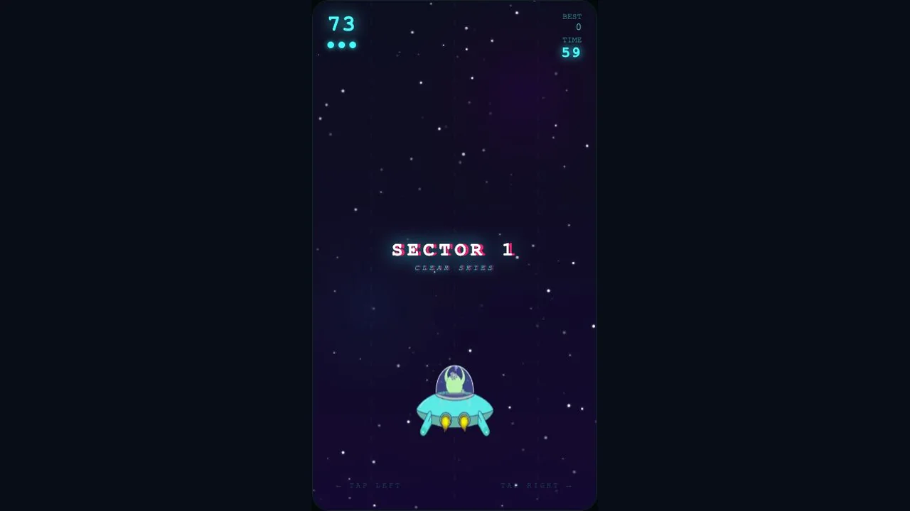 Patty pilots a flying saucer through a star field with the lives and timer visible.