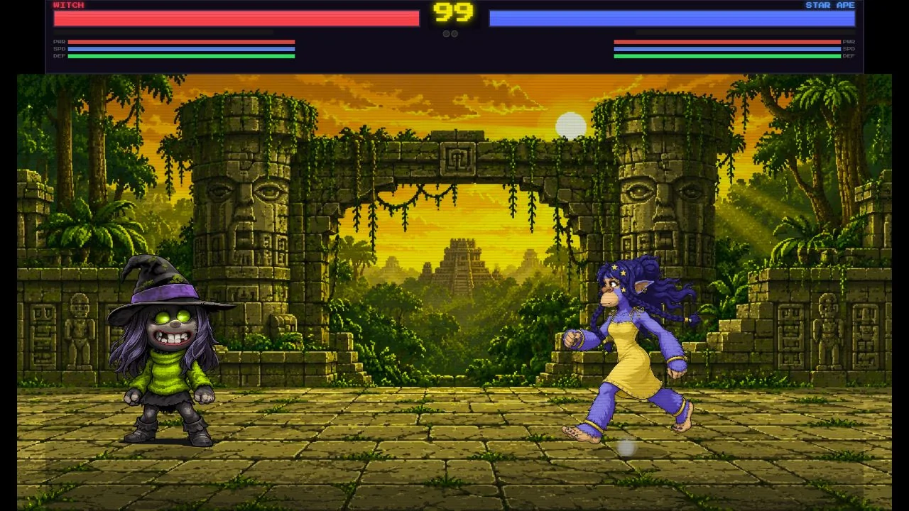 Witch and Star Ape face off in a jungle ruins arena with health bars overhead.
