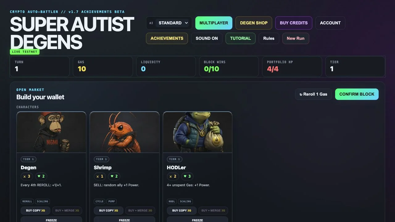 Degen, Shrimp and HODLer character cards in the guest strategy market.