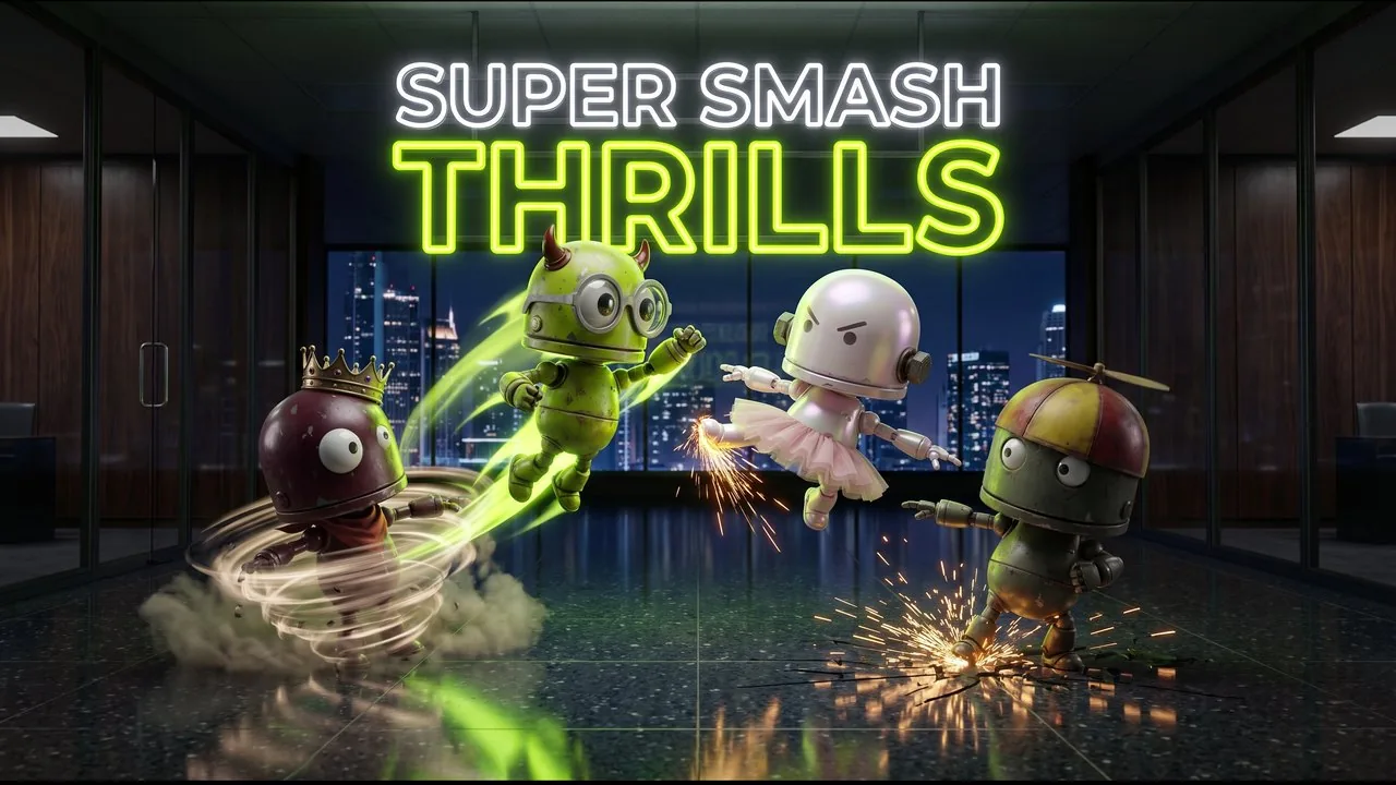 Official Super Smash Thrills arcade menu artwork featuring the Thrills toy robot characters.