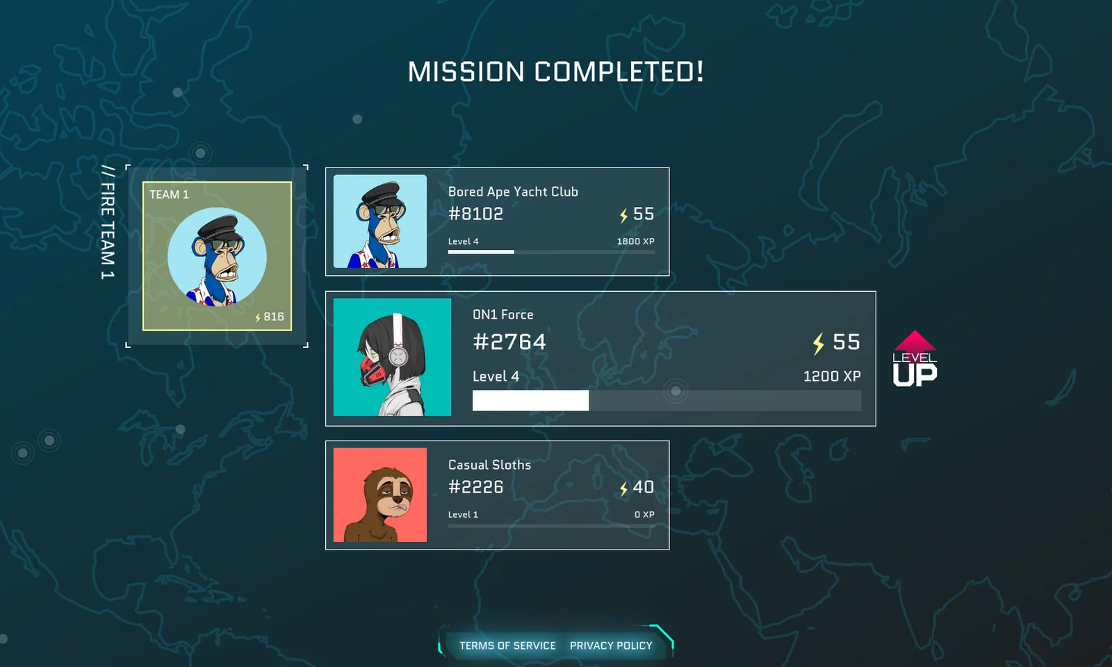 The8102 mission completed screen showing team experience and a character level-up.