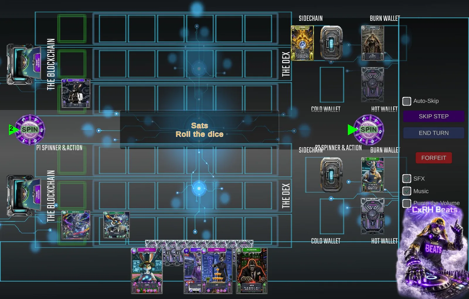 The Crypto Rabbit Hole demo board with Oracle and Cipher cards, two dice spinners, and a hand of action cards.
