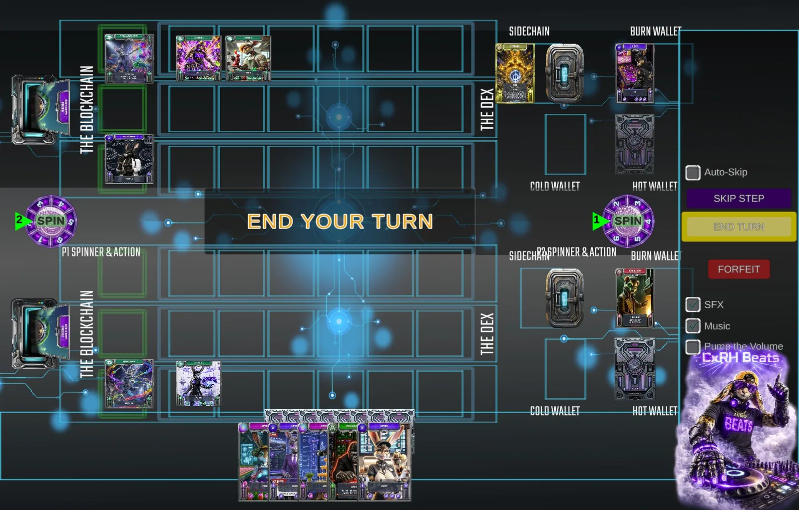 Both players build rows of rabbit trading cards on The Crypto Rabbit Hole board, with the active hand and end-turn controls visible.