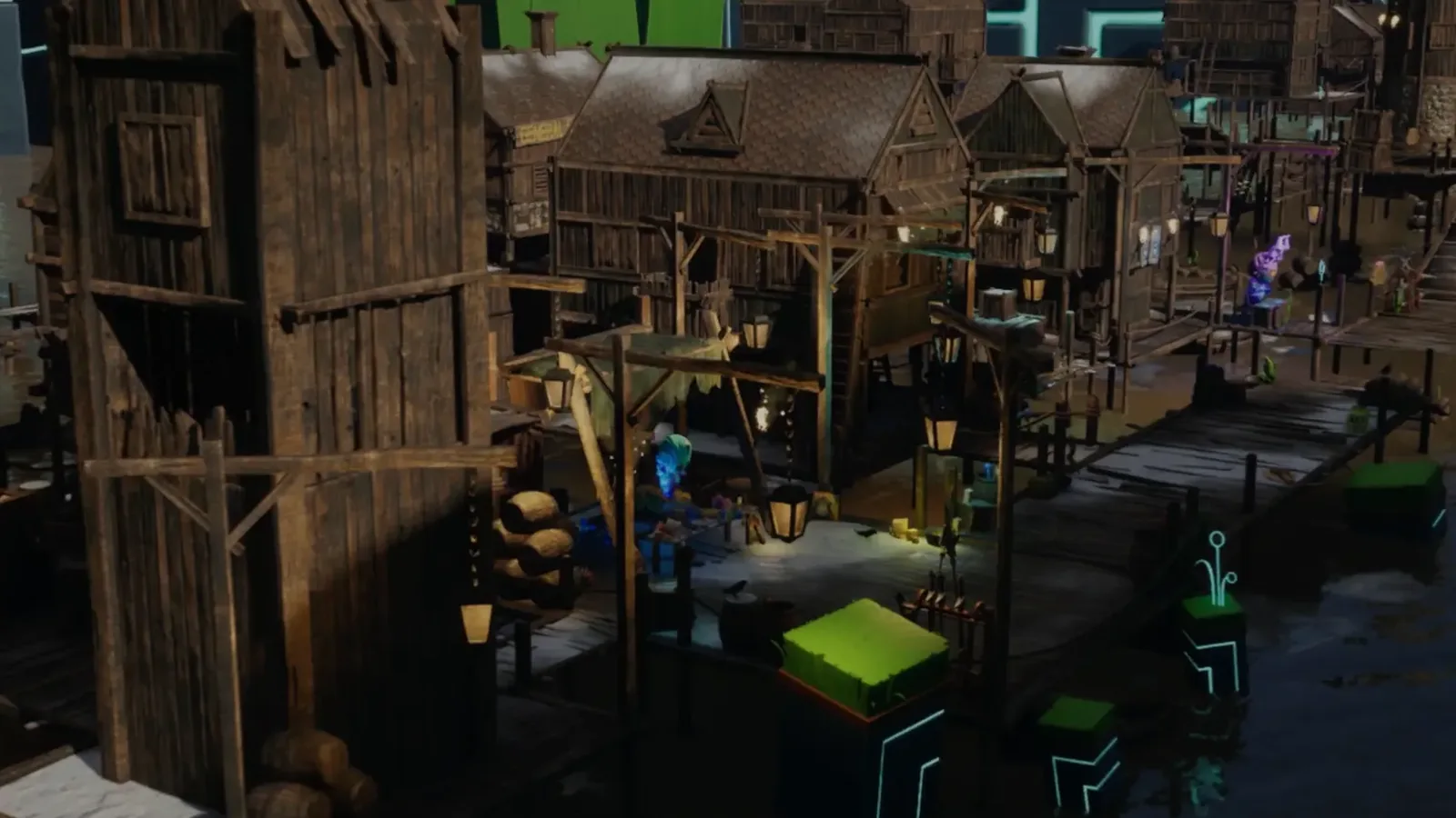 Wooden towers, walkways and waterside market stalls in The Mines RPG.