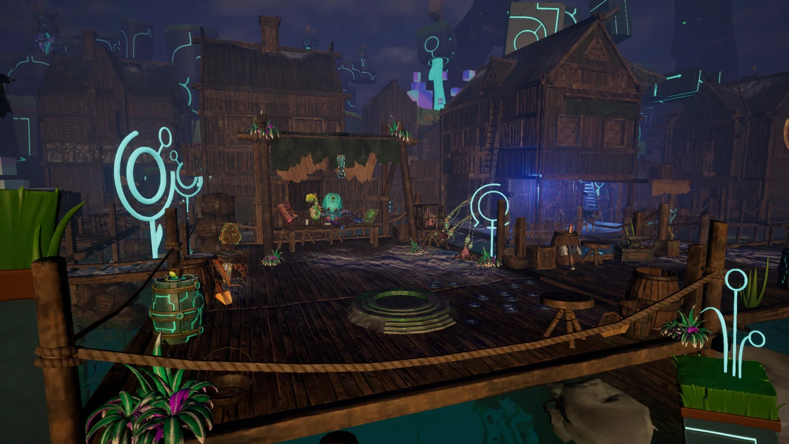 A wooden dockside square with glowing turquoise symbols and Koda characters in The Mines RPG.