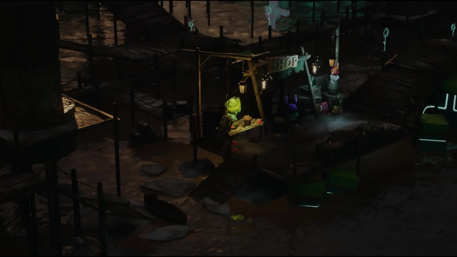 Koda characters gather beside a lamplit shop on a wooden walkway in The Mines RPG.