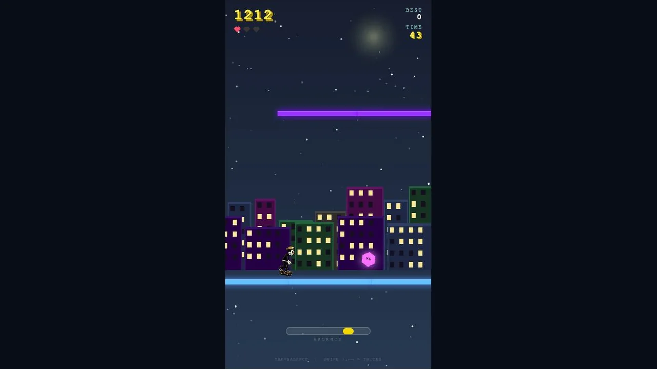Tony skates beneath neon rails with score, lives and balance meter visible.