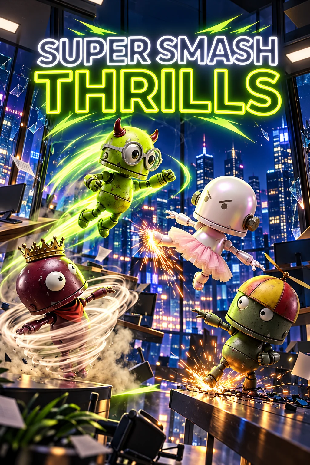 Colorful toy robots brawling on neon city platforms beneath the Super Smash Thrills title