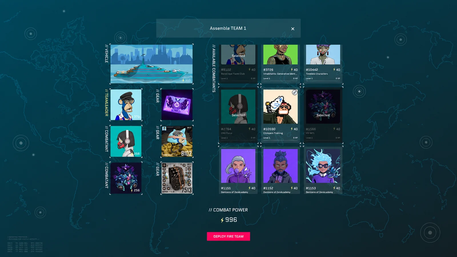 The 8102 squad builder showing a yacht, NFT combatants, gear slots, and total combat power