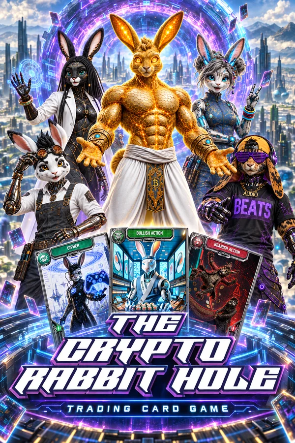 The Crypto Rabbit Hole trading-card artwork featuring futuristic rabbit Oracles and a glowing digital portal