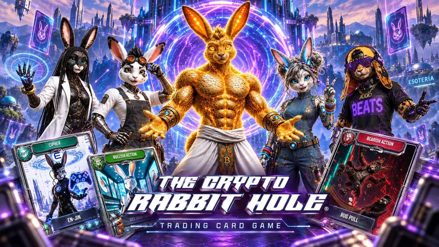 The Crypto Rabbit Hole Oracle characters and futuristic trading cards in Esoteria
